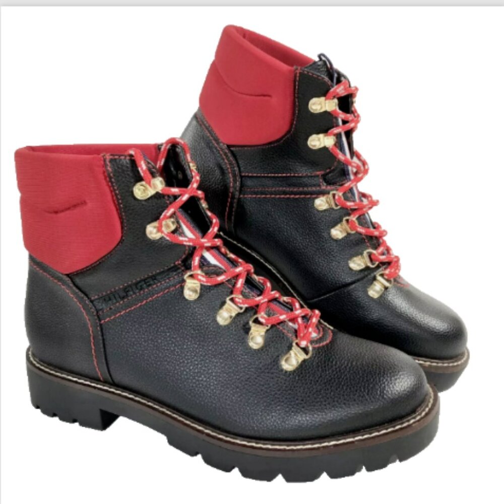Black Boots 9.5 Tommy Hilfiger Hiking Moto Military Padded Lace Up